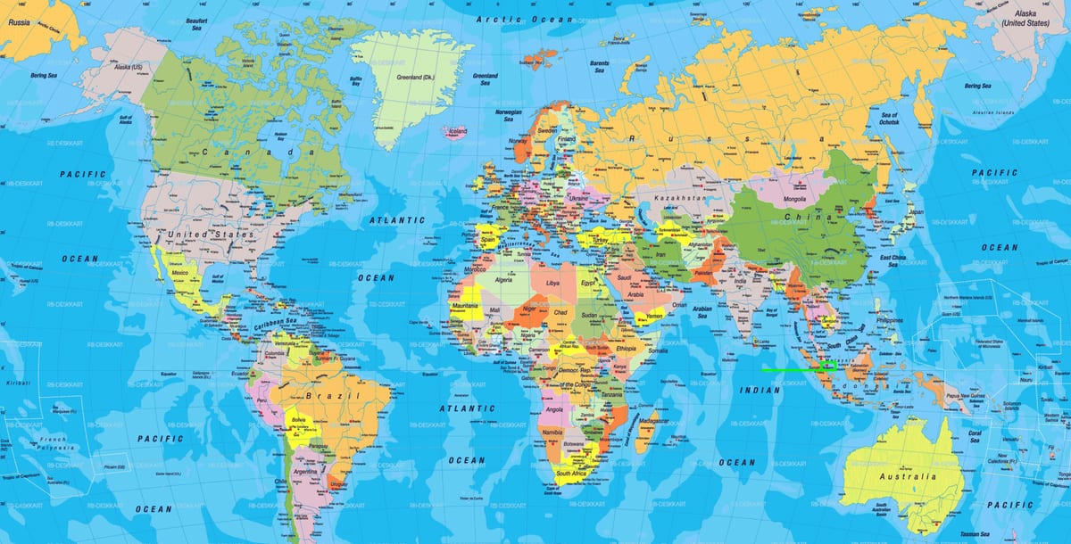 世界地図上のシンガポールの位置